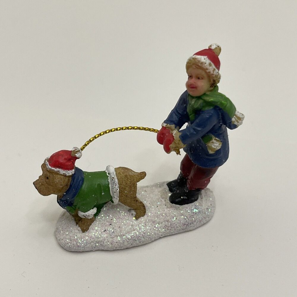Celebrations Boy Walking Dog  Christmas Village Figurine 2 Inches Tall